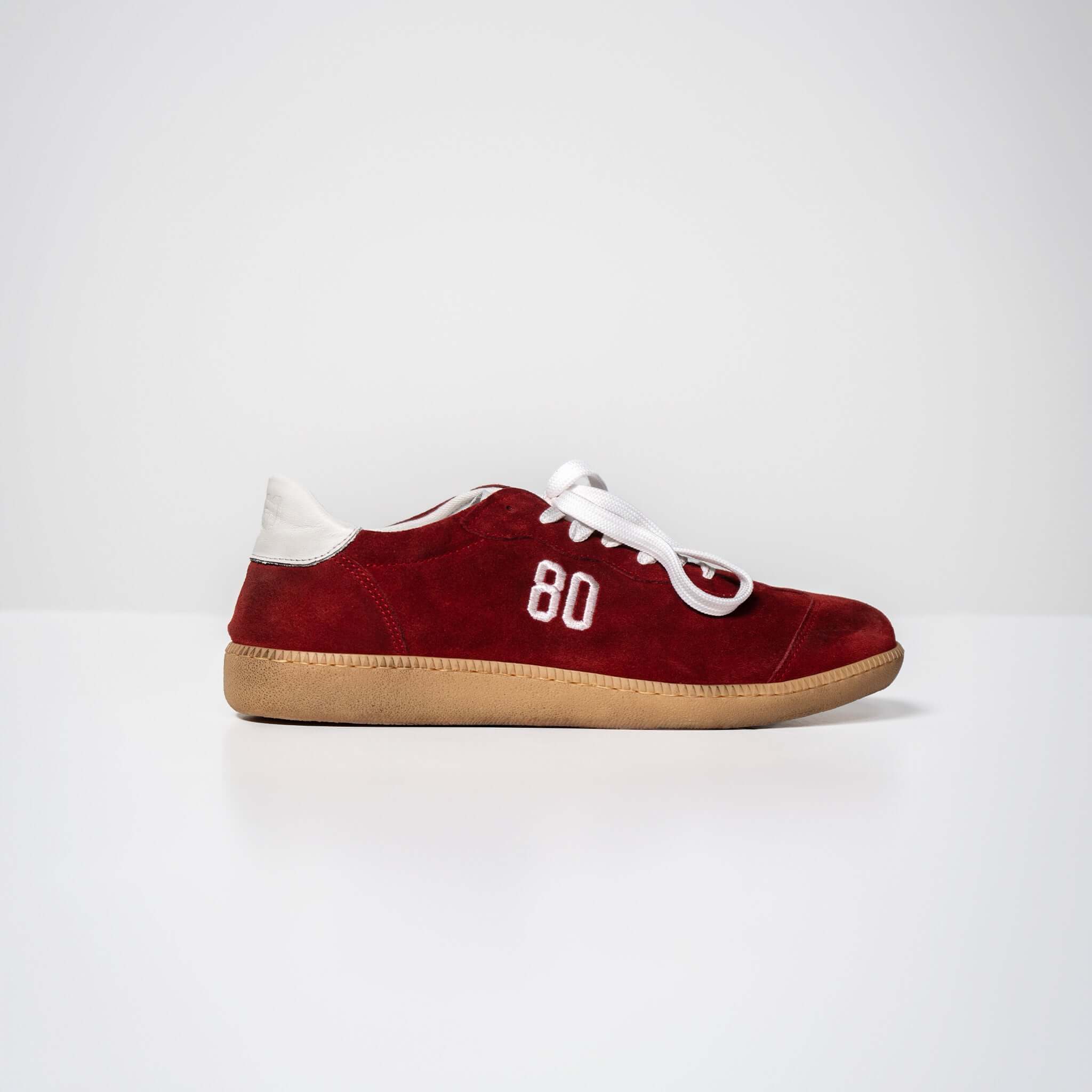 Harvard Suede Sneaker in red with Italian rubber sole and white laces, featuring a raised insole and the number 80 on the side, Made in Italy.